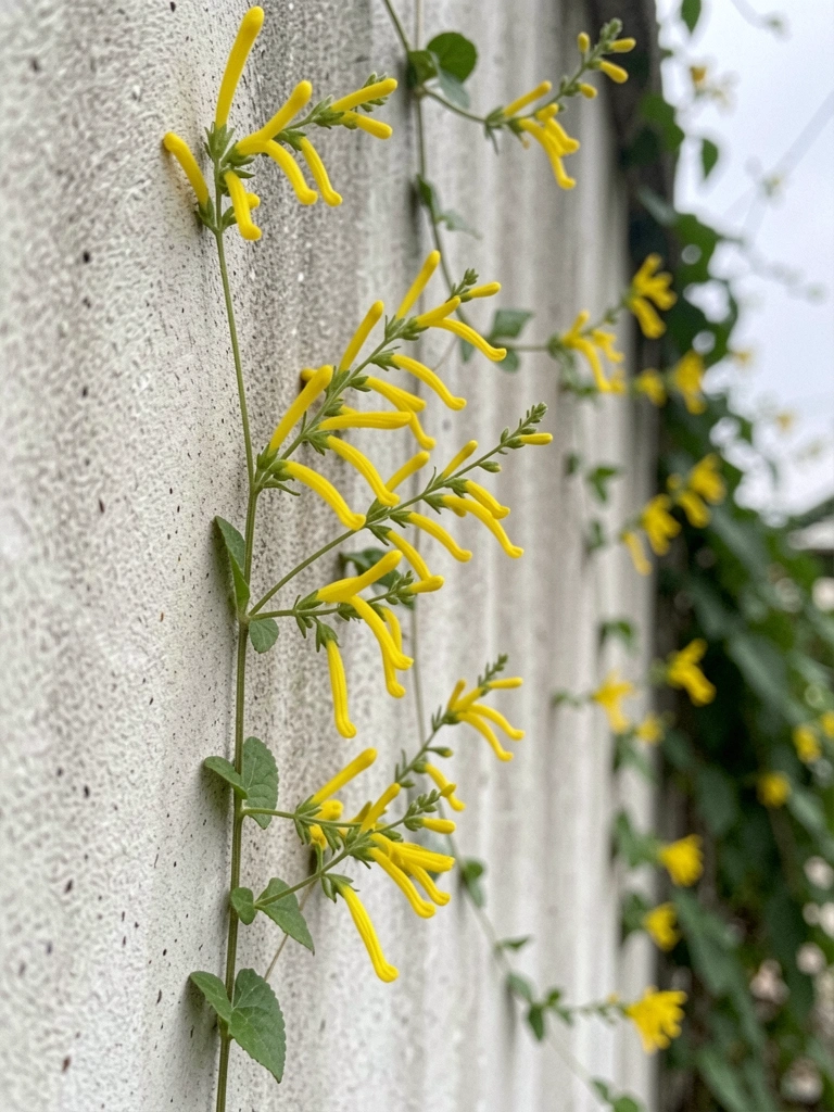 Parede vertical coberta por russelias amarelas em flor