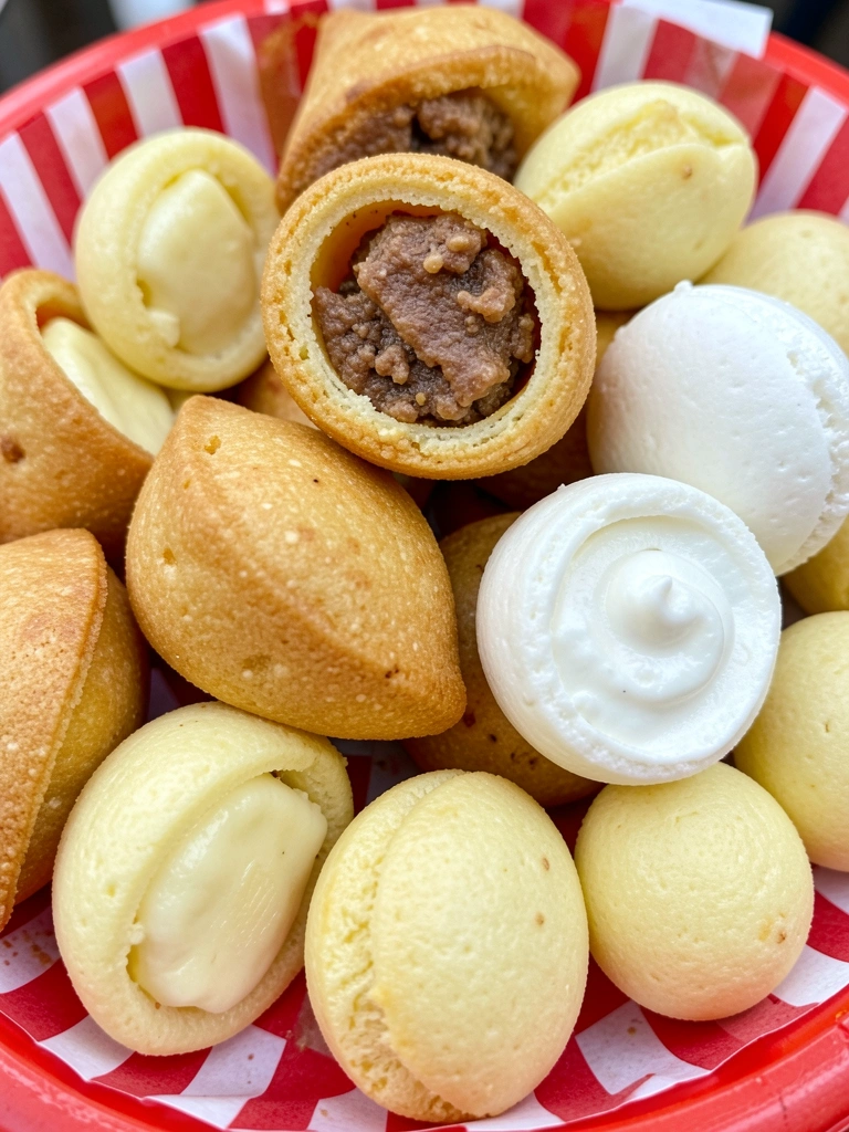 Pilha densa de pastéis coloridos em bandeja listrada vermelha e branca, luz natural destacando texturas e variações de cores.