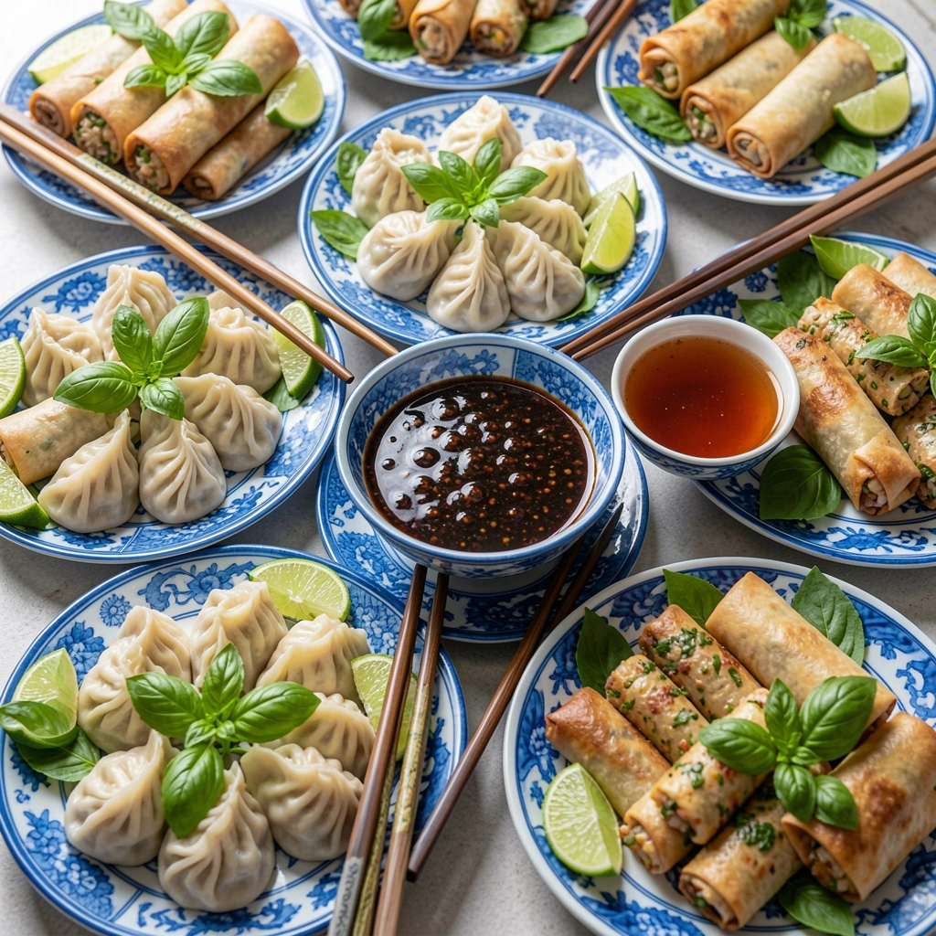Prato azul e branco com dumplings, folhas de manjericão e lima; molho escuro ao centro; luz natural realça texturas.