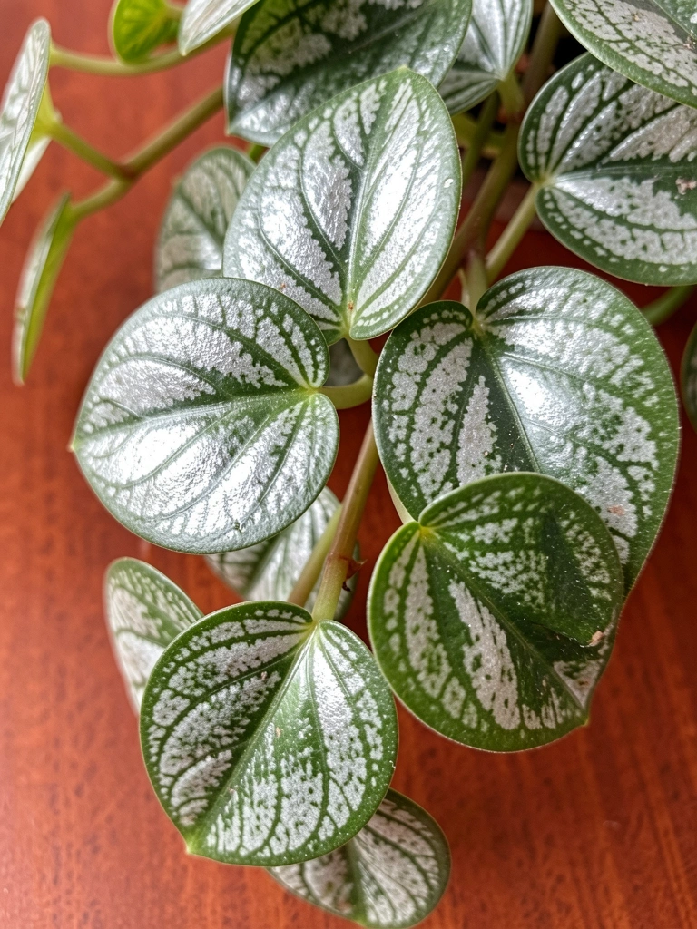 Folhas de Peperomia com padrões prateados e verdes em superfície de madeira avermelhada, luz difusa destacando texturas e brilhos.