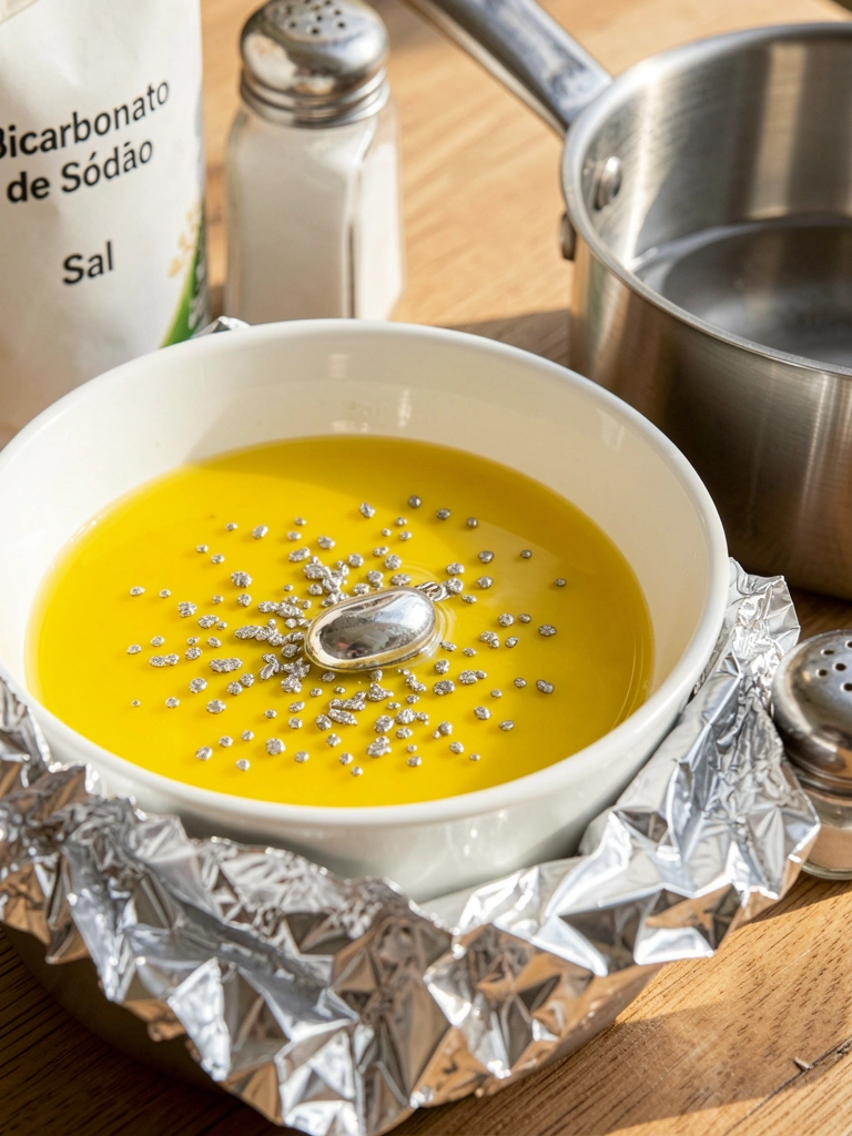 Tigela de cerâmica branca com solução amarela, pedaços de prata e papel alumínio amassado; ao lado, panela de aço inoxidável e saleiro, luz natural.