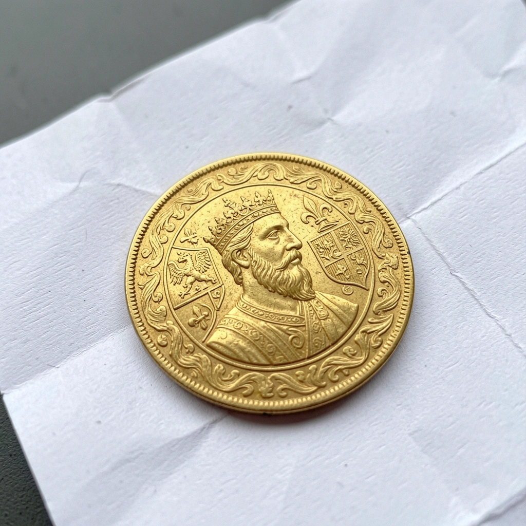 Selo redondo dourado com bordas serrilhadas sobre fundo branco.