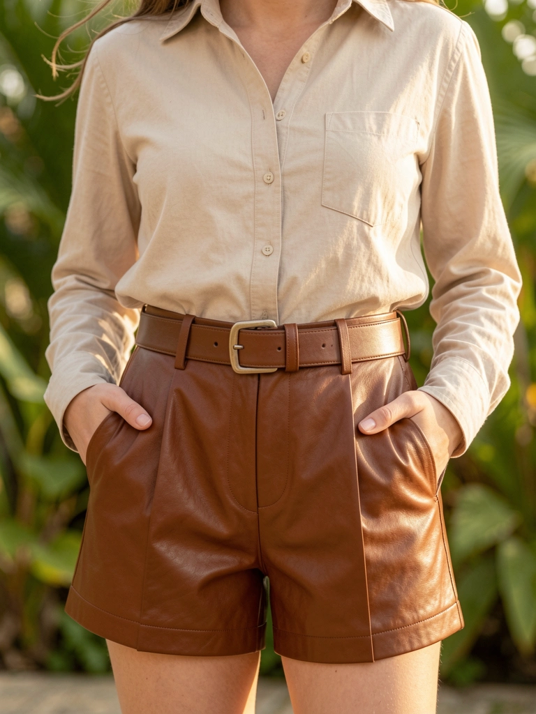 Mulher com camisa bege clara e shorts de couro marrom com cinto largo, mãos nos bolsos, luz natural difusa e fundo verde desfocado.