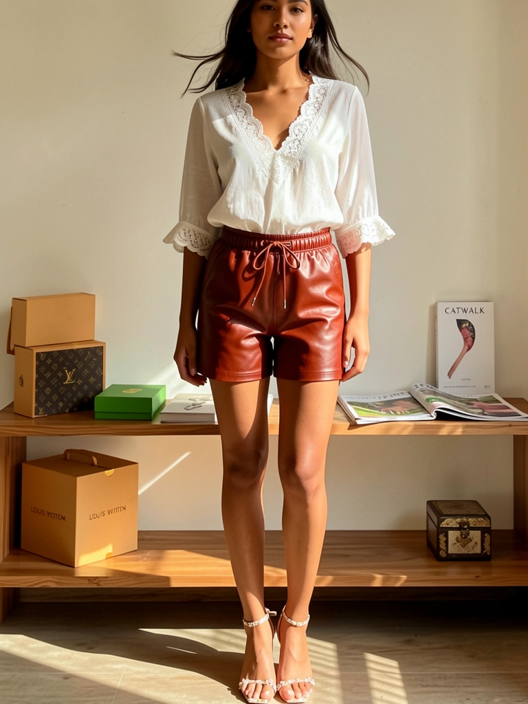Mulher de blusa branca com renda e shorts de couro alto em pé, estante com caixa Louis Vuitton e livro 