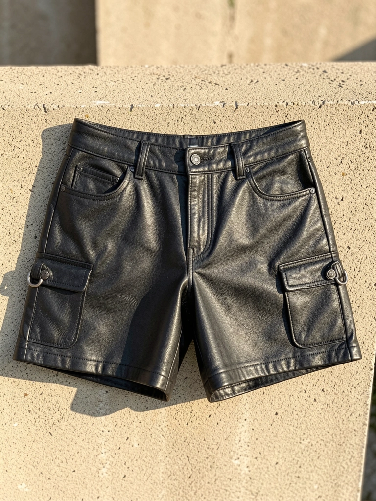 Short preto de couro com bolsos e argolas D sobre parede texturizada de concreto bege, luz natural destacando o brilho do material.