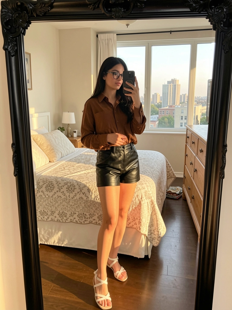 Jovem de cabelo escuro e óculos, camisa marrom e shorts de couro preto, tira selfie em espelho de moldura preta refletindo quarto com cama branca e janela com vista urbana.