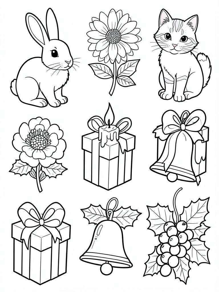 Coleção de ilustrações de Páscoa em preto e branco: coelho, gato, flor com folhas, vela, presente embrulhado, sino, cacho de uvas e azevinho.