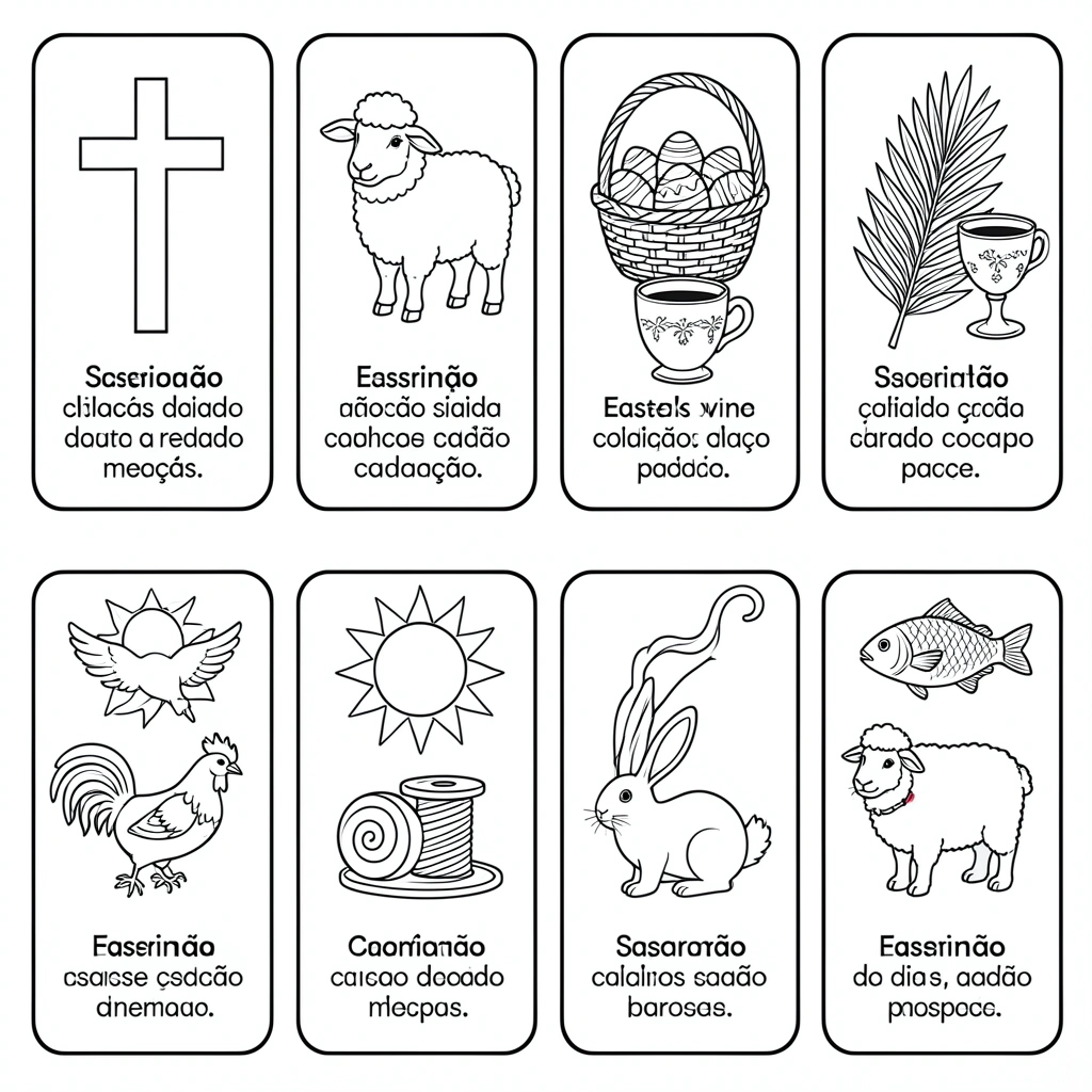 Conjunto de seis cartões simétricos com desenhos de linha preta de símbolos da Páscoa: cruz, cordeiro, cesta de ovos, cálice, ramo de palma, peixe, galo, sol, pomba, cajado, carretel, caracol, coelho e ovelha, fundo branco.