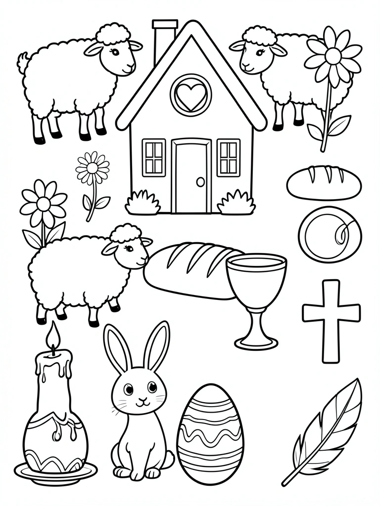 Página de colorir com casa de janela em coração, cordeiro, pão, cálice, flor, vela, coelho, ovo de Páscoa, cruz e pena, traços pretos sobre fundo branco.