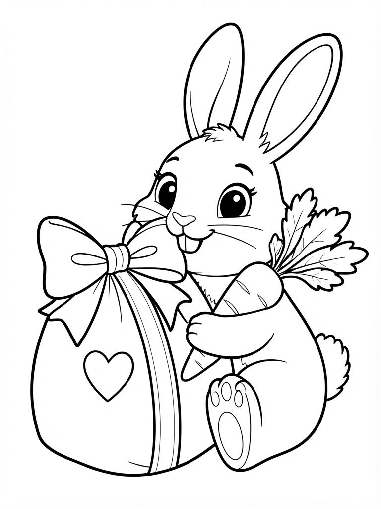 Coelho cartoon segurando cenoura e sacola de presente com laço e coração, traços pretos, fundo branco.