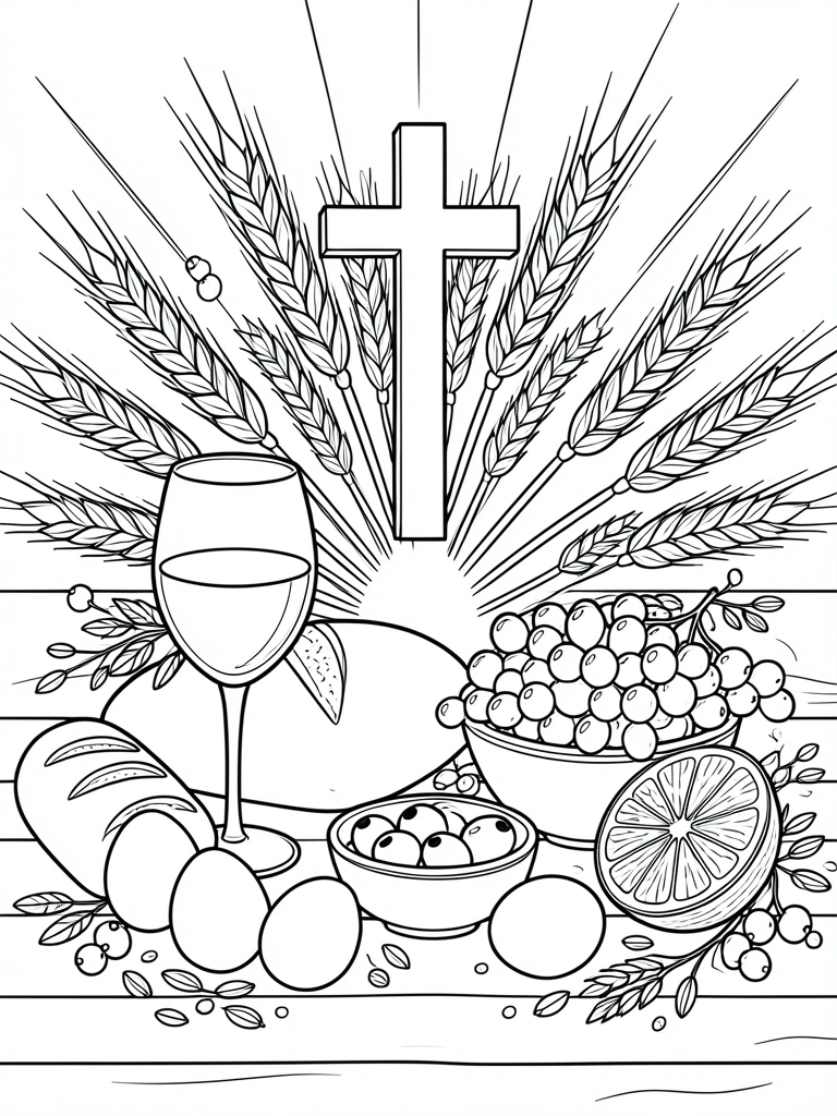 Cálice de vinho, pão e tigela de uvas sobre mesa de madeira, com espigas de trigo e cruz ao fundo em traços pretos e brancos.