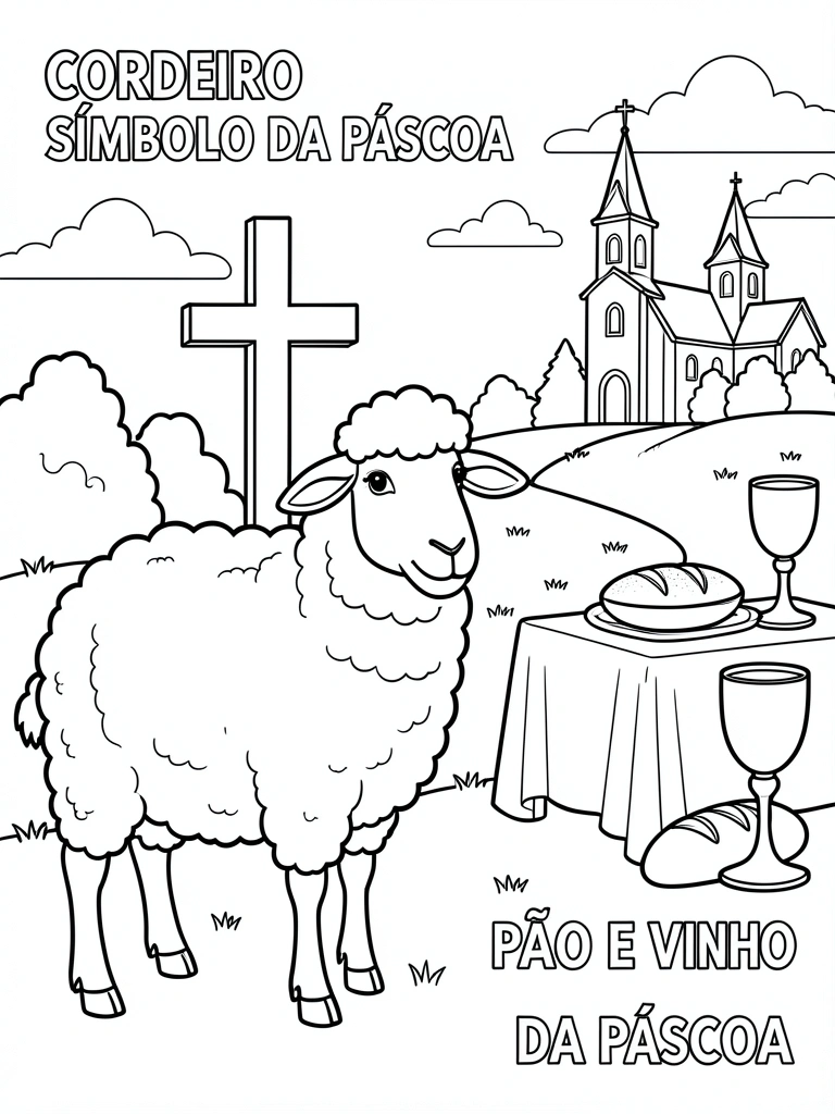 Desenho em preto e branco de uma ovelha à esquerda, com paisagem, igreja, cálice e pão à direita, e textos 