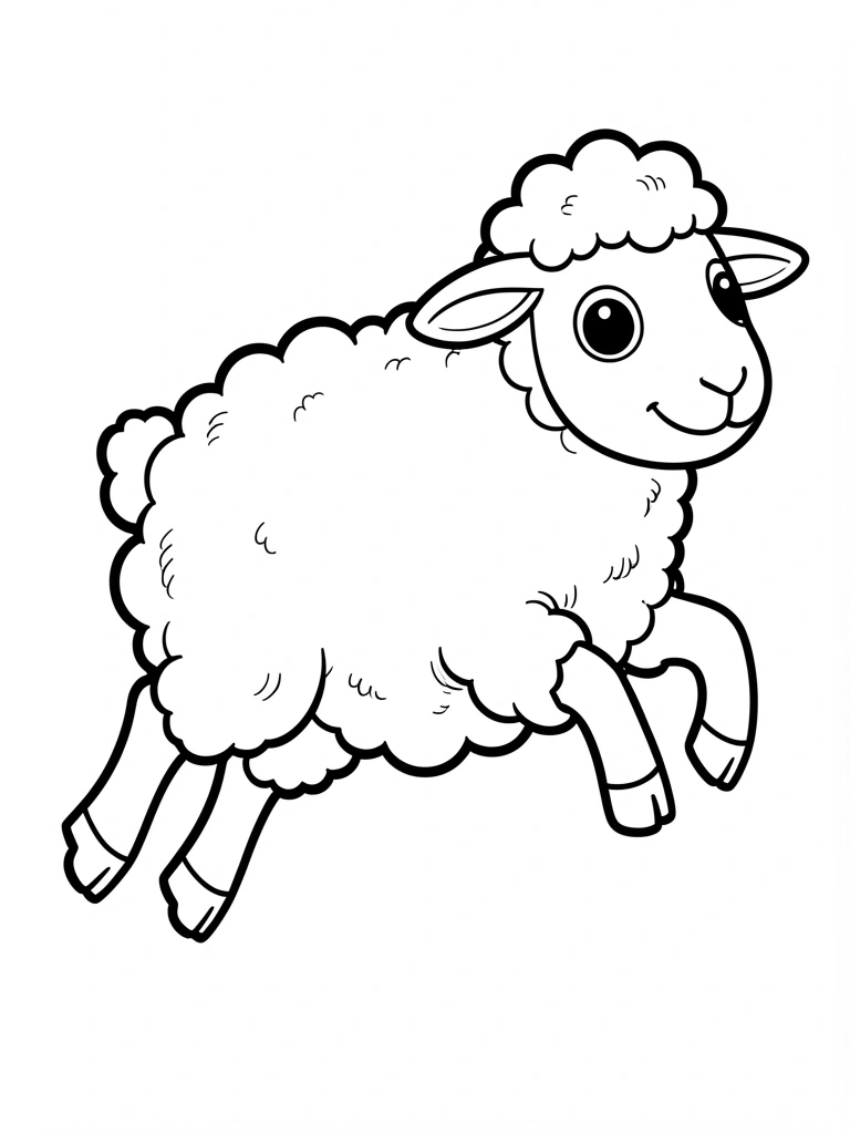Ovelha cartunesca saltando, com lã texturizada por linhas pretas paralelas, olhos redondos e sorriso, fundo branco puro.