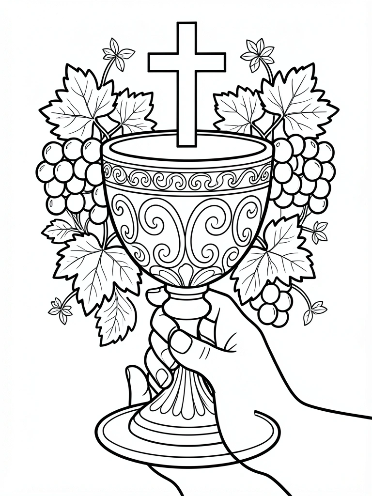 Cálice decorativo com detalhes em linhas pretas, segurando uma mão, com uvas e folhas ao redor e uma cruz acima, sobre fundo branco.