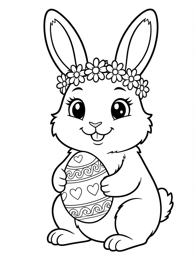 Coelho cartoon segurando ovo de Páscoa decorado com corações e redemoinhos, coroa de flores na cabeça, traços pretos, fundo branco puro.