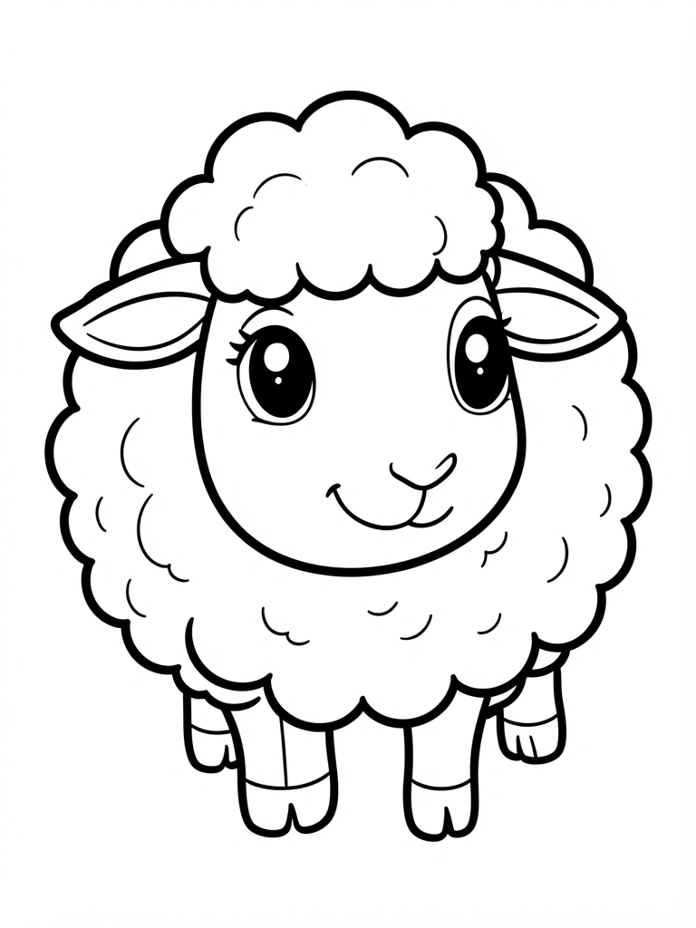 Ovelha cartoon em preto e branco, lã texturizada com linhas finas, olhos grandes e nariz rosa, fundo branco.