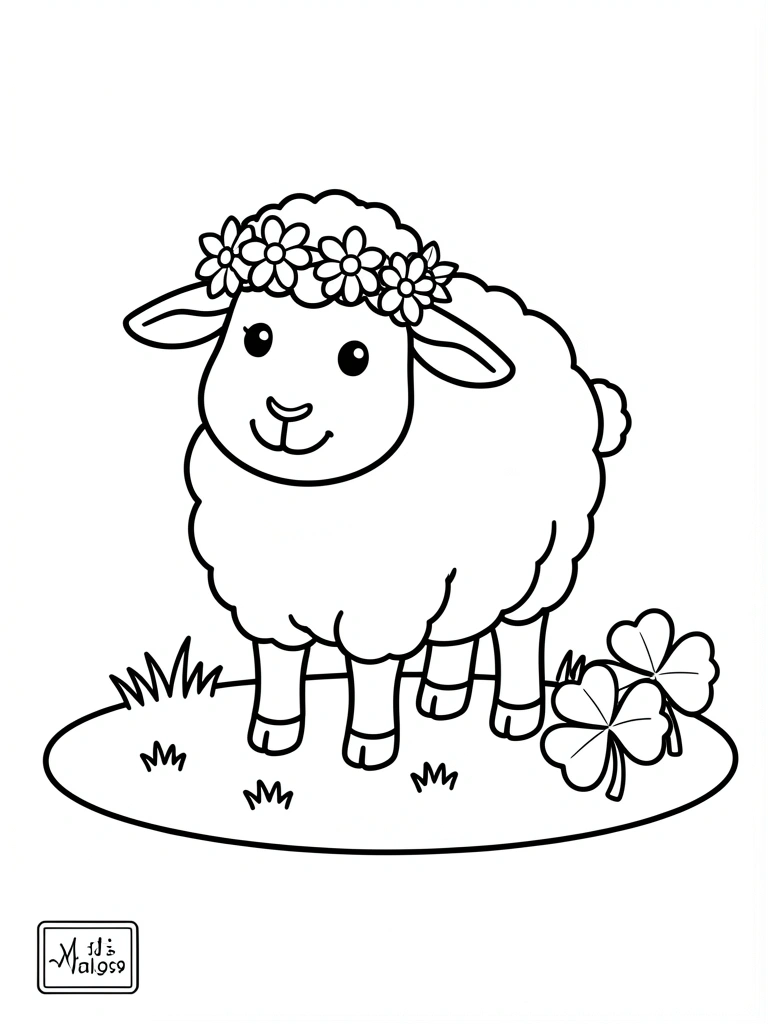 Ovelha sorridente com guirlanda floral na cabeça, em pé sobre grama com linhas horizontais, trevos à direita, traços pretos sobre fundo branco.