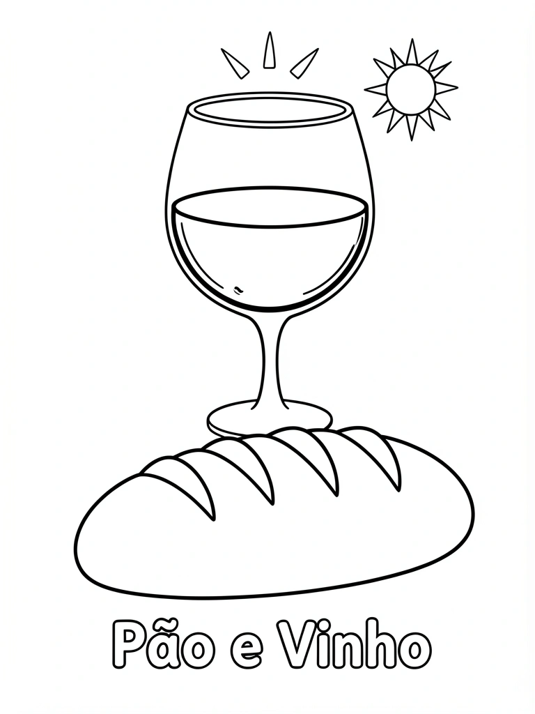 Linhas pretas em fundo branco: taça de vinho com haste curva sobre pão com casca e riscos, sol radiante acima, texto 