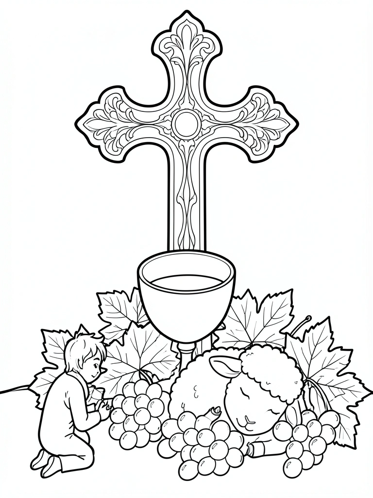 Cordeiro dormindo sobre uvas sob uma cruz ornamentada e cálice, desenho em preto e branco para colorir.