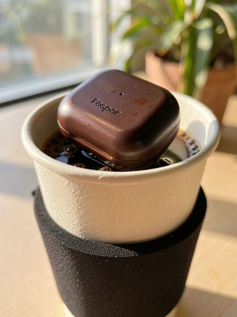 Fone Fospar preto em estojo sobre copo de papel texturizado com café, luz natural e folhagem desfocada ao fundo.