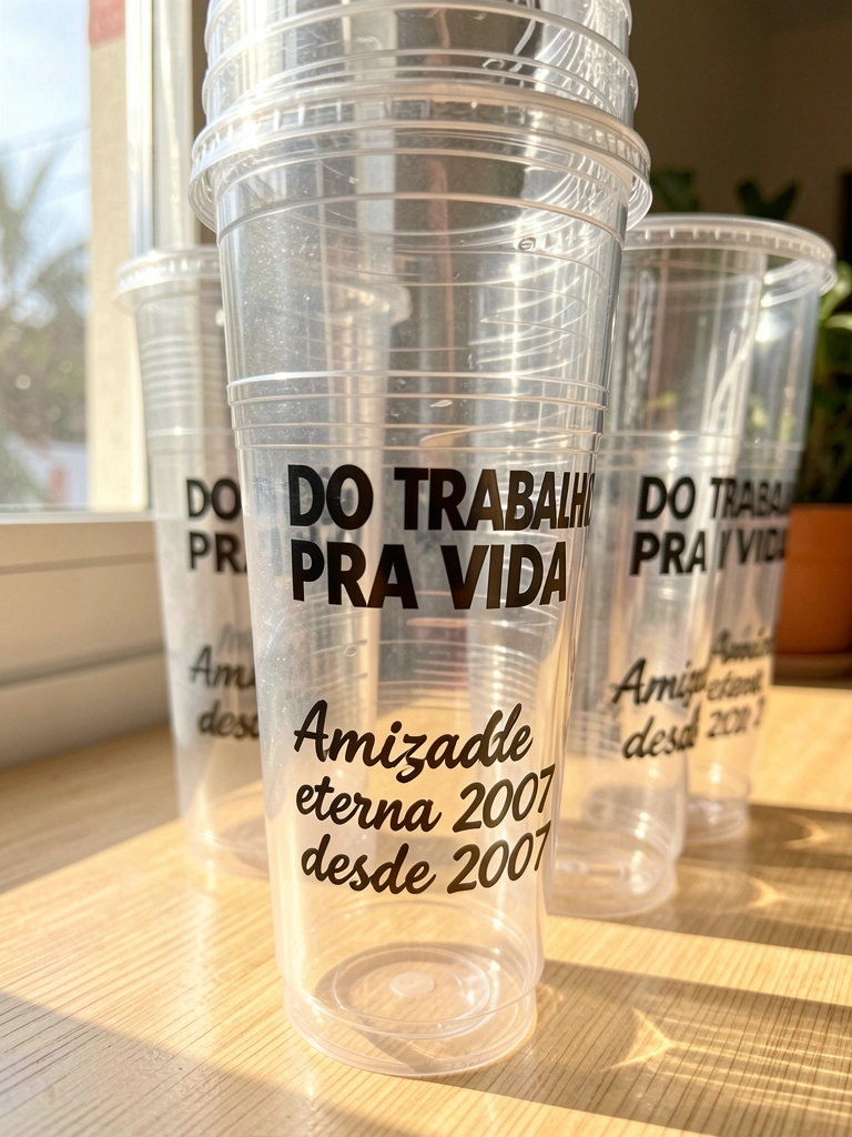 Pilha de copos plásticos transparentes com inscrições em preto 