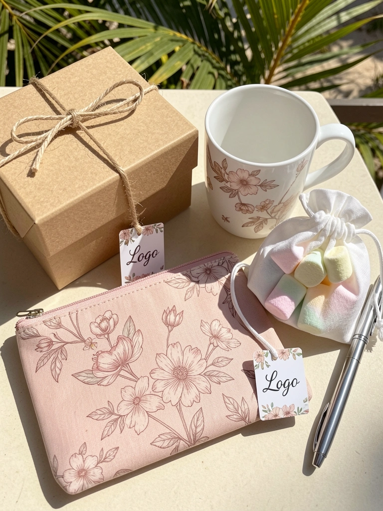 Flat lay com caixa de papel kraft amarrada com barbante, caneca branca com estampa floral, nécessaire rosa blush, saquinho branco com marshmallows e caneta prata, luz natural do dia.