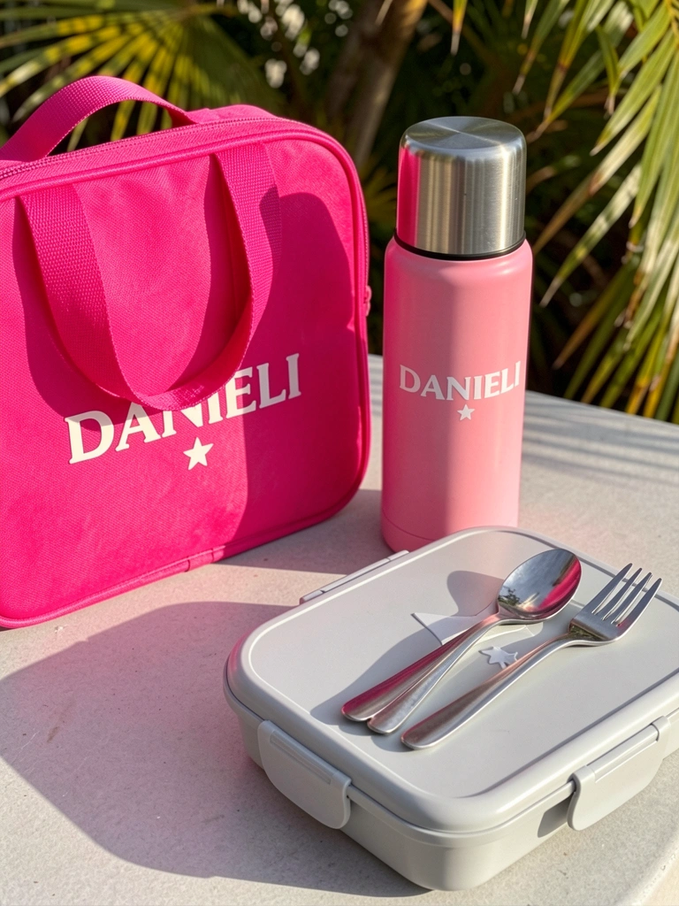 Luz natural incide sobre bolsa térmica rosa, garrafa térmica e marmita cinza da Danieli, com talheres de aço sobre a marmita.
