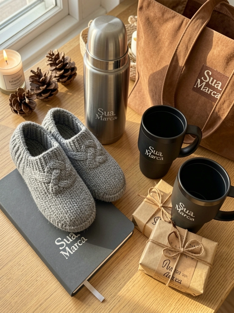 Caderno cinza escuro, pantufas de lã, garrafa térmica e caneca preta sobre madeira clara, com pinhas e vela acesa ao fundo, iluminação natural.