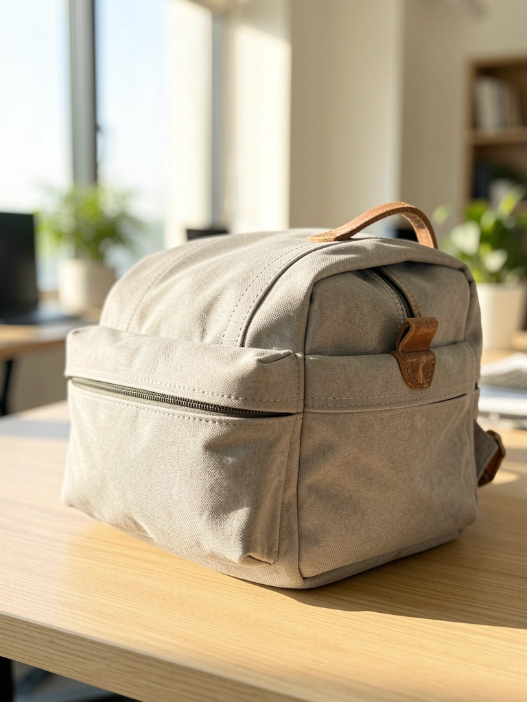 Mochila compacta cinza-claro com alça de couro desgastada sobre mesa clara de madeira, luz natural do dia realça texturas.