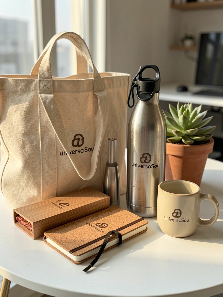 Luz natural incide sobre kit de café gourmet: bolsa de lona bege, garrafa térmica de aço inox, caderno de cortiça e vaso de suculenta sobre mesa branca.