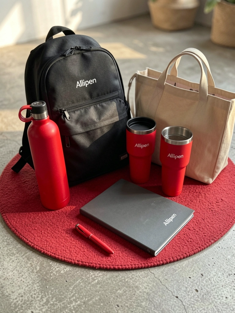Mochila preta, garrafa e copo vermelhos, caderno cinza e bolsa bege sobre tapete redondo vermelho em piso de concreto, luz natural suave.