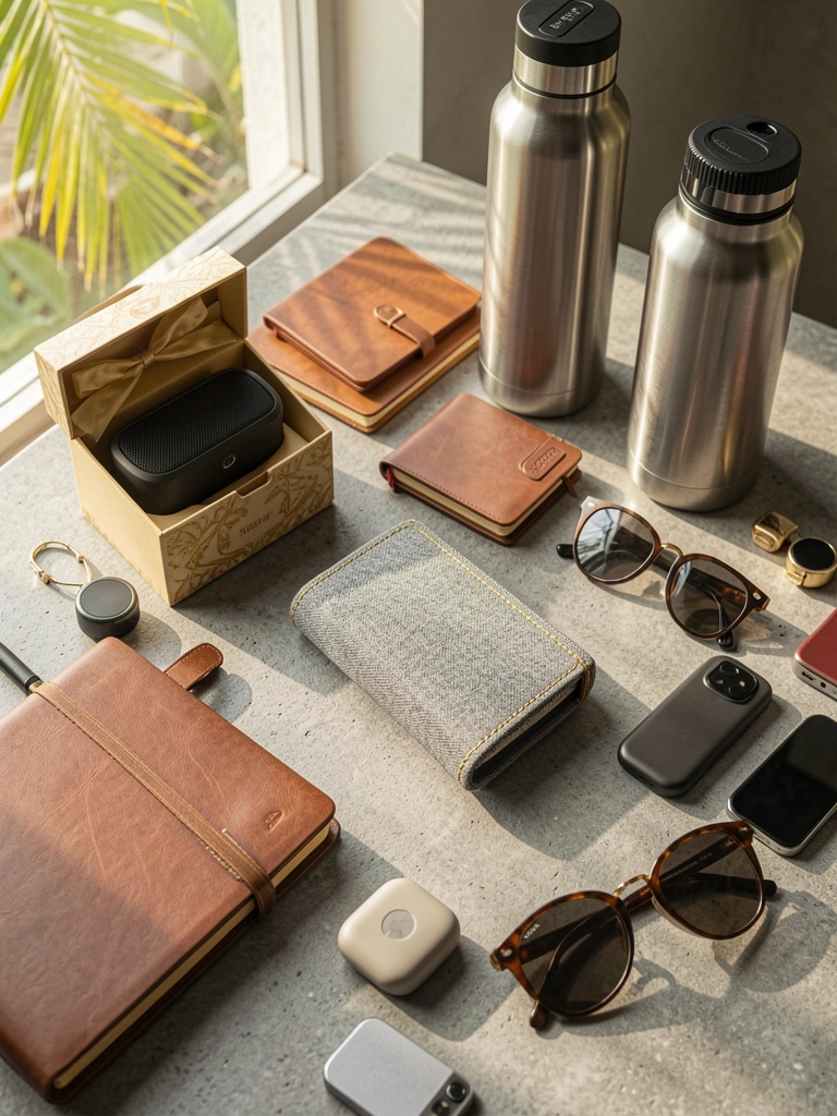 Power bank cinza com costura dourada sobre superfície de concreto, ao lado de cadernos de couro, garrafa de aço inox e óculos escuros, iluminados por luz natural.