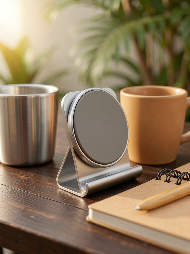 Suporte magnético metálico sobre madeira escura, com caneca de aço inoxidável e caderno de bambu, luz natural suave e folhagem tropical ao fundo.