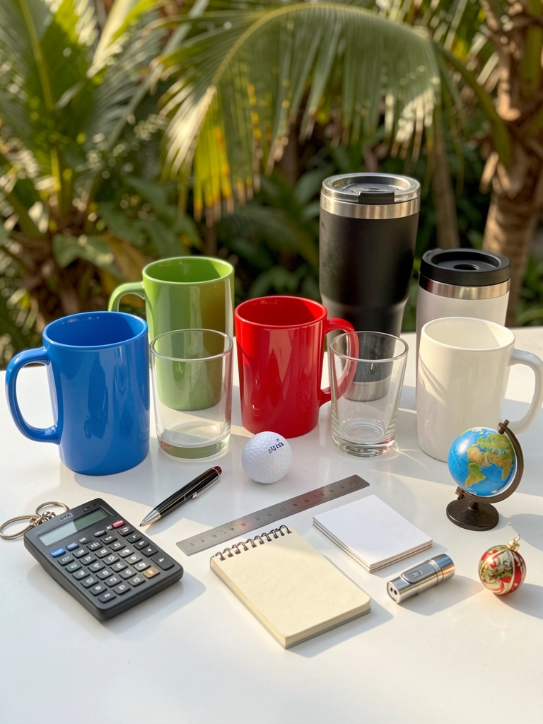 Canecas coloridas, caneca térmica, globo, chaveiro e calculadora sobre superfície branca com reflexos suaves e luz natural.