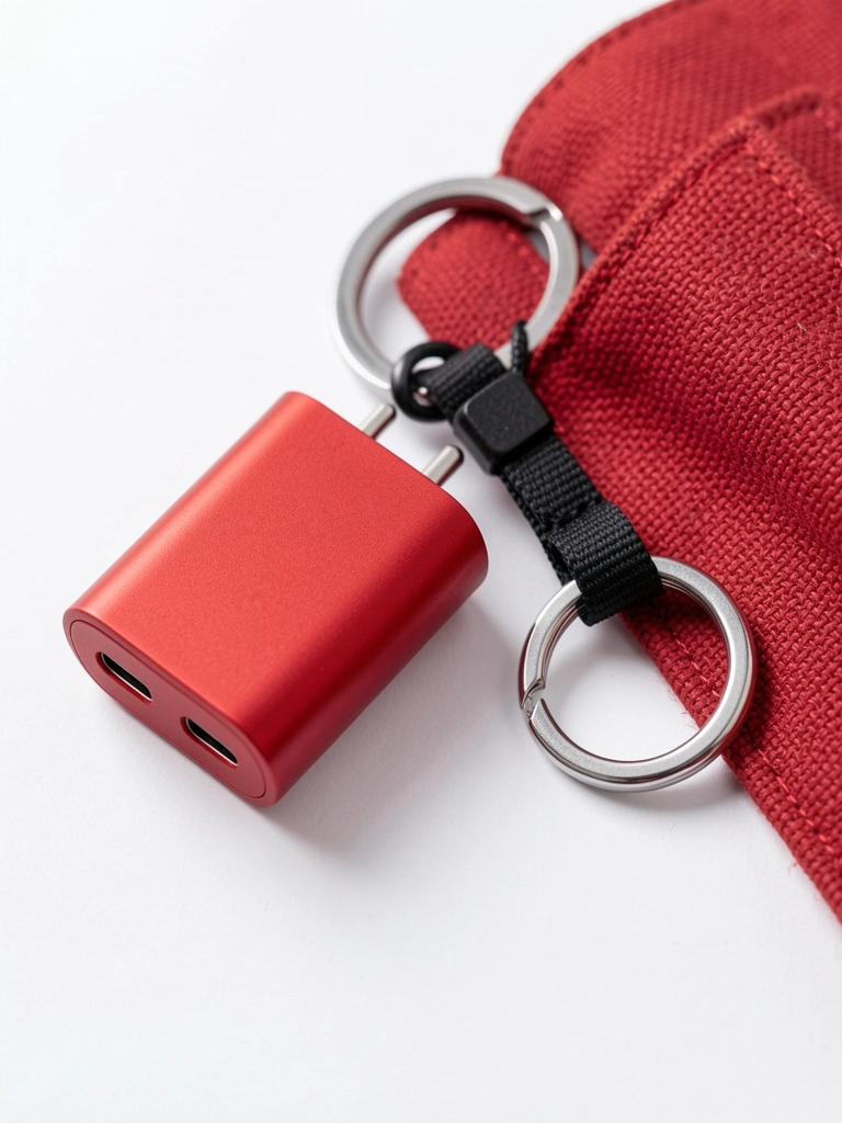 Chaveiro de ecobag vermelho com carregador de celular preto, cordão preto e suporte com anel prateado, em fundo branco com iluminação suave.
