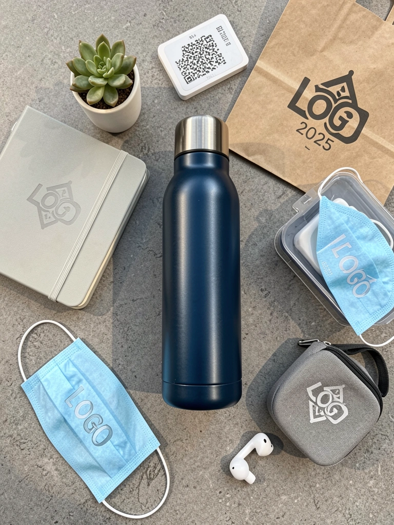 Garrafa térmica azul escura sobre superfície cinza texturizada, cercada por caderno, suculenta em vaso branco e saco de papel marrom com logotipo. Luz natural suave.