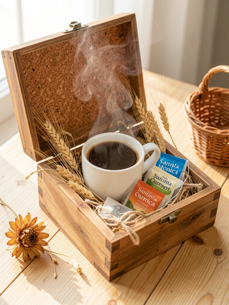 Caixa rústica de madeira forrada com cortiça, caneca branca de café, saquinhos de chá e trigo seco sobre superfície clara, luz natural.