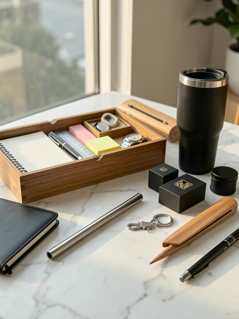 Canudo de aço inoxidável sobre mármore branco, com caderno, caneta e estojo de madeira ao lado, luz natural e fundo desfocado.