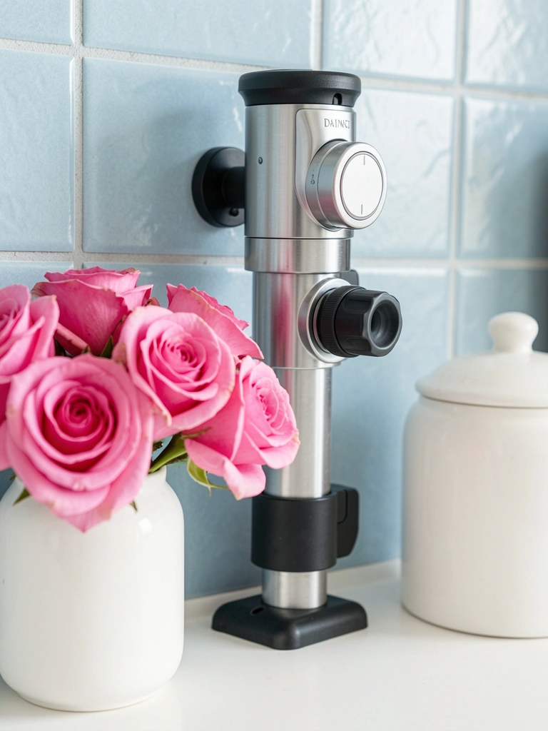 Suporte metálico prateado e preto para filtro Da Vinci sobre azulejos azuis claros, com buquê de rosas cor-de-rosa em vaso cerâmico branco e pote branco ao lado, luz natural suave.