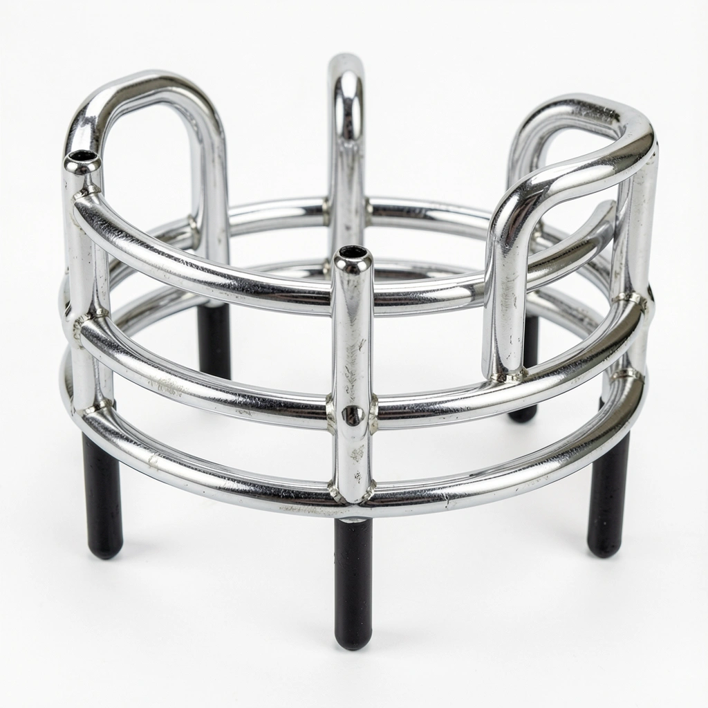 Suporte de prateleira cromado com arcos curvos e pernas pretas, reflexos e marcas de dedo visíveis, fundo branco iluminado.