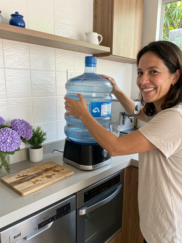 Pessoa segurando um garrafão de água de 20 litros com as duas mãos, na altura do peito, em uma cozinha.