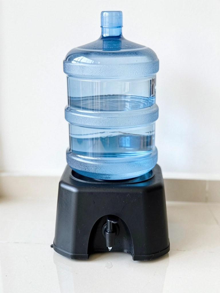Suporte plástico preto de piso com garrafão de água de 20 litros encaixado.