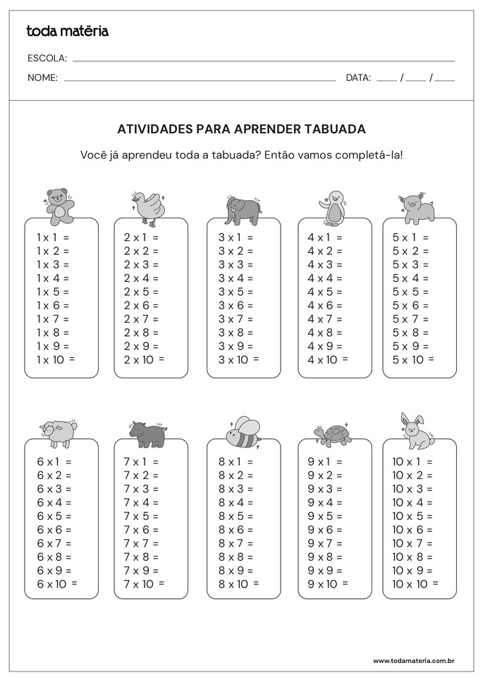 planilhas de tabuada para download