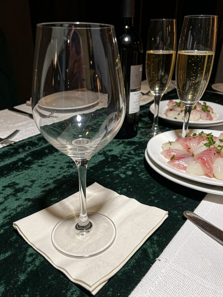 Taça de água em perfil, haste fina e bojo largo, fundo neutro