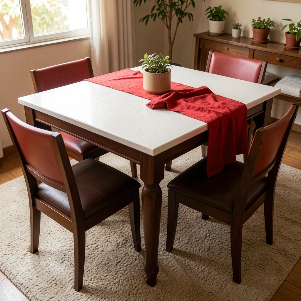 Tapete de lã macio sobre mesa de jantar clássica de madeira, com cadeiras ao redor.