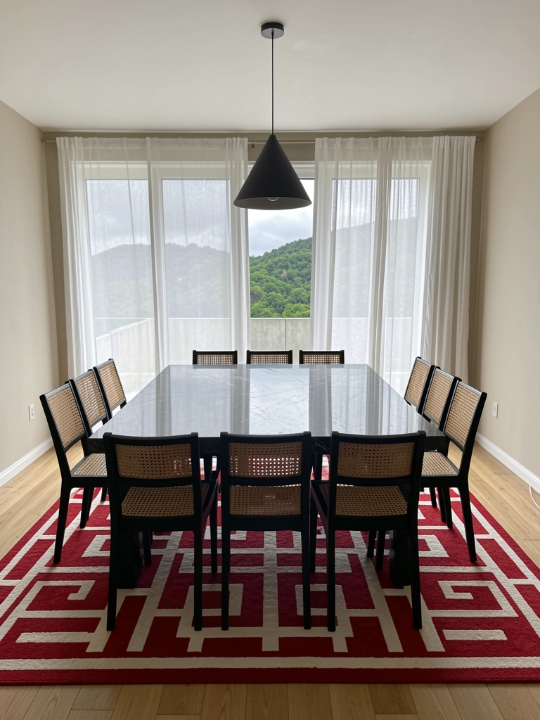 Mesa retangular de madeira com tapete retangular em tons neutros embaixo, em ambiente claro.
