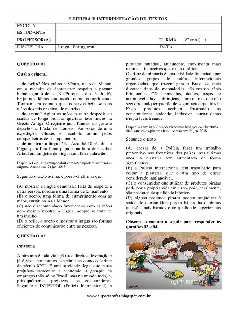 textos para 8 ano interpretação e respostas