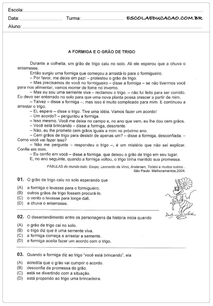 atividades de leitura 8º ano com correção