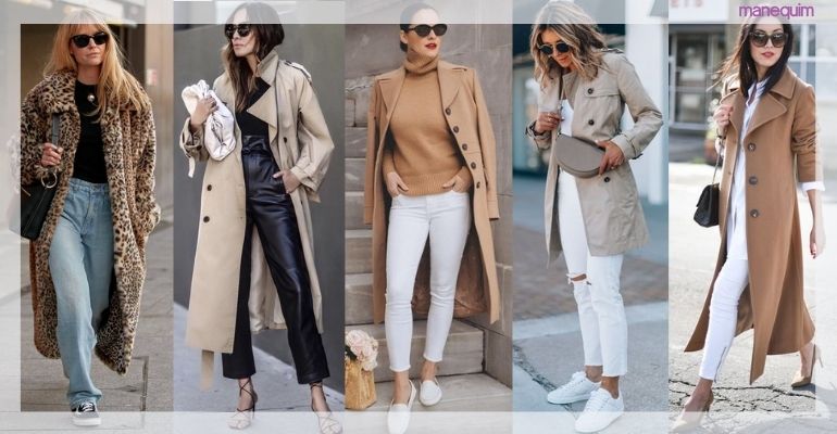 trench coat com jeans e tênis