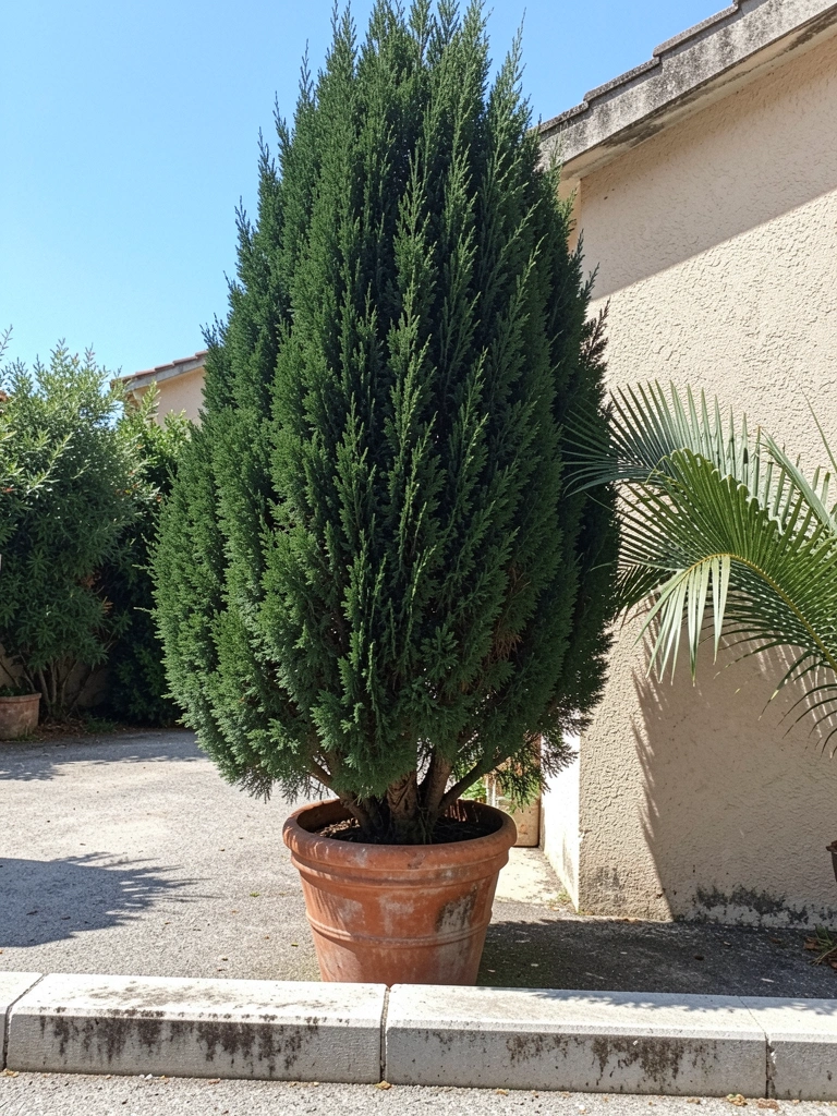 Vaso de cerâmica com tuia kaizuka colunar em jardim ensolarado, com gramado ao fundo